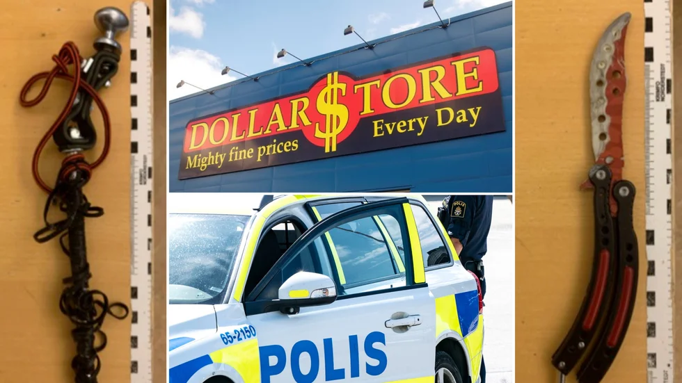 45-åringen greps utanför butiken sedan ett billarm tjutit. Han bar på sig en kniv och ett egentillverkat gatustridsvapen. ”En hundleksak”, var hans första svar.