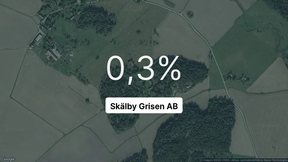 Illustrationen visar rörelsemarginalen för Skälby Grisen för det senaste året. Bakgrunden är en satellitbild över företagets adress.