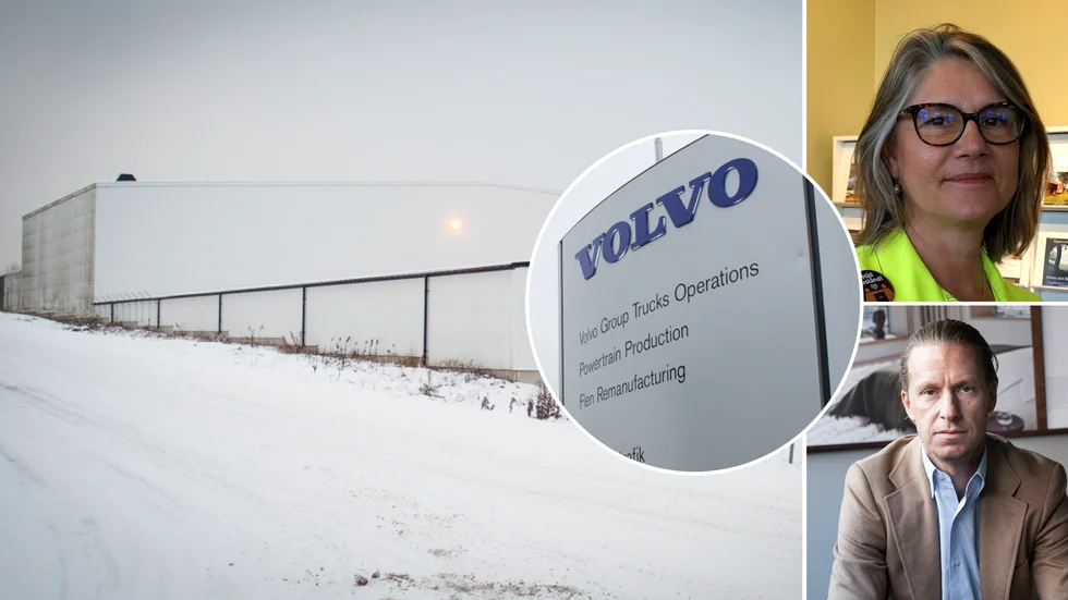 Bygget av Volvos nya fabrik på Talja har stoppats på grund av obetalda löner av Oscar Properties med vd:n Oscar Engelbert. Rosemary Andersson är platschef på Volvo Remanufacturing i Flen.