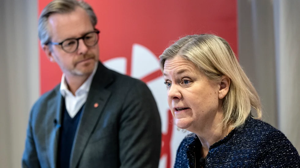 Socialdemokraternas ekonomisk-politiske talesperson Mikael Damberg och partiledaren Magdalena Andersson. Arkivbild.