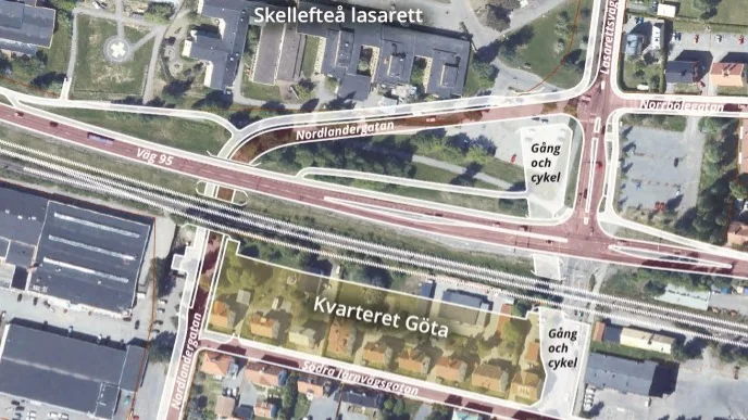 Bilvägar är rosa och gång- och cykelvägar vita. Nordlandergatan dras under järnväg och väg 95 för att göra en kurva upp mot Norrbölegatan. Gångvägen hannar alldeles inpå lasarettet. Ett nytt, brett, gångstråk görs snett under alla vägar längre i öster, där Lasarettsvägen stängs av.