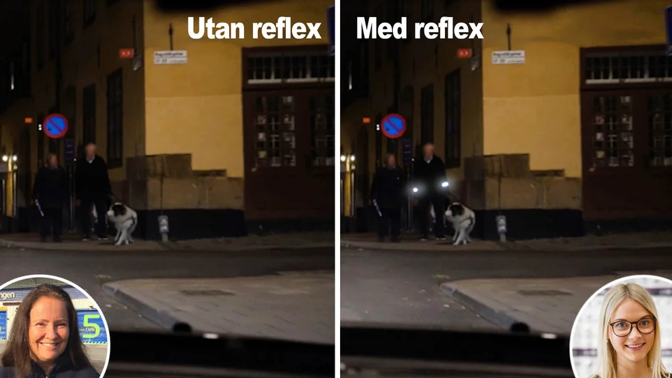 Statistik från Trafikverket visar att gångtrafikanter som bär mörka kläder utan reflex syns först på cirka 20–30 meter från ett mötande fordon i mörker. Med ljusa kläder syns fotgängarna på 60 meters avstånd och med reflex redan på cirka 125 meters håll. Till vänster i bilden Cecilia Blom Hesselgren, kommunikationschef på Bilprovningen. Till höger Rebecka Rane, legitimerad optiker på Synoptik.