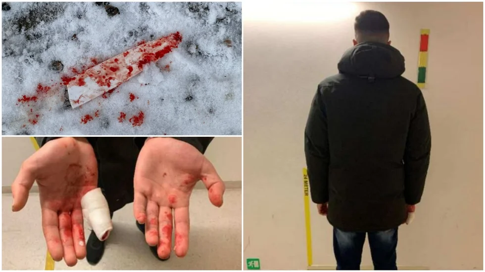 Det blodiga, avbrutna knivbladet hittades på gatan. Till vänster ses den åtalades skadade händer och till höger polisens bild av den misstänkte gärningsmannen.