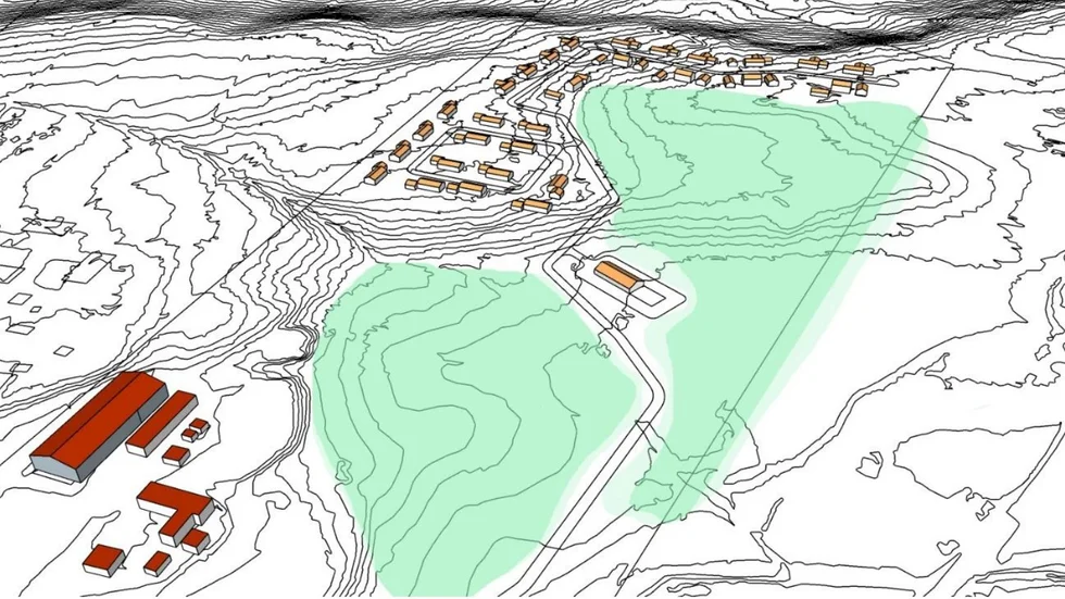 Här planerar Älvsbyns kommun för hästtomter utanför centralorten. Med rött tak syns Älvsbyns ryttarförening och med gult tak den tänkta bebyggelsen.