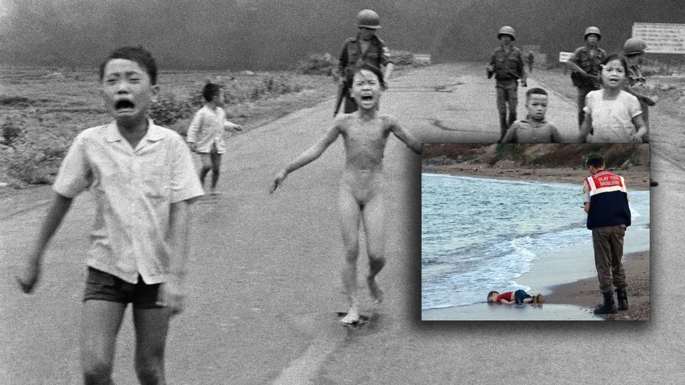 KRIGETS OFFER. Bilden på nioåriga Kim Phuc från Vietnamkriget sägs ha betydelse för att Vietnamkriget fick en vändpunkt. Bilden på Aylan Kurdis kropp (infällda bilden) som flöt i land vid turkiska Bodrum har väckt starka reaktioner världen över.
