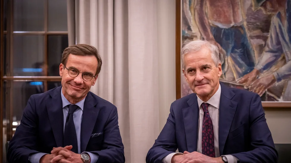 Statsminister Ulf Kristersson och Norges statsminister Jonas Gahr Støre på ett möte i Helsingfors 2022. Den 22 februari möts de igen på Harpsund, tillsammans med Finlands president Sauli Niinistö. Arkivbild.