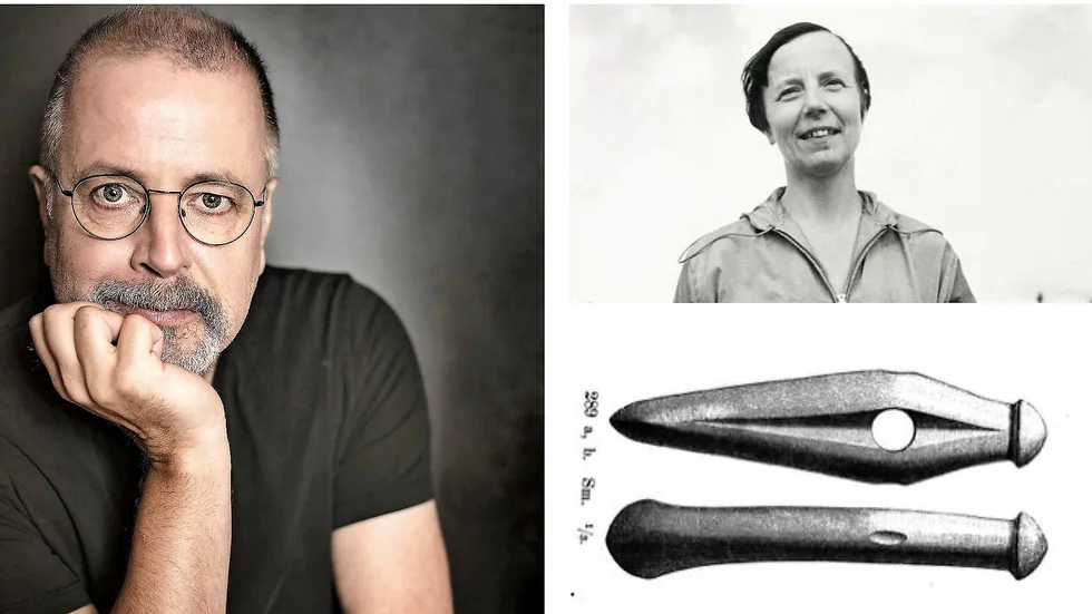 Jonathan Lindström, arkeolog och författare, till vänster. Elise Ottesen-Jensen och snippsnoppyxor till höger. 