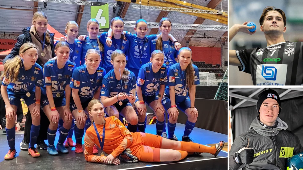 Sunnanås guldlag. Övre raden från vänster: Minna Lindström, Nike Forslund, Ebba Tegelind, Ellen Jonsson, Lovisa Södergren, Tilde Källströmmer. Nedre raden: Signe Forsgren, Nellie Lundgren, Ellen Lindqvist, Leah Klingstedt, Liv Forslund, Nova Jakobsson. Liggande: Molly Bengtsson. Saknas på bild: Kajsa Holmström. Det blev mål för Emil Wiklund (uppe till höger) och seger i USA för Emil Harr (nere till höger).
