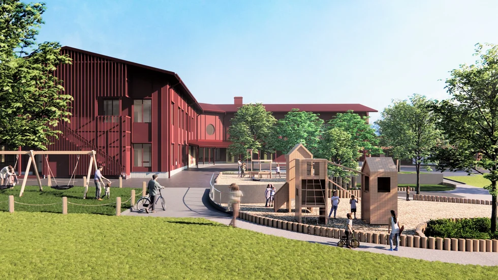 Arkitektskiss Österledens nya förskola ritad av Cedervall arkitektbyrå. Utomhusmiljön har skapats av landskapsarkitekter från Ramboll. 