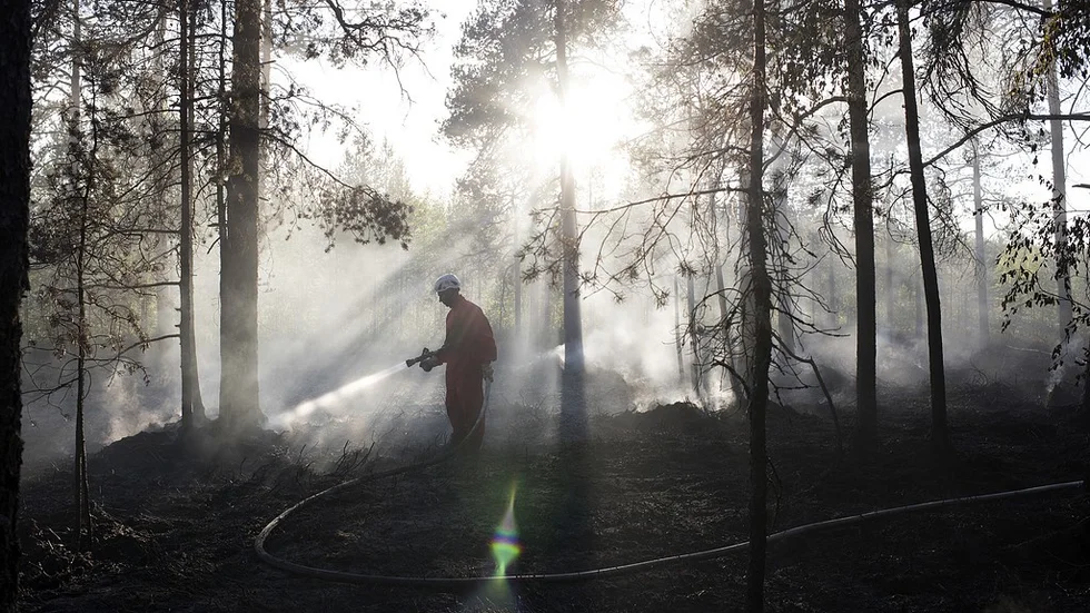 Här eftersläcker räddningstjänsten i Umeå vid Grössjön, efter skogsbranden som utbröt i juni.