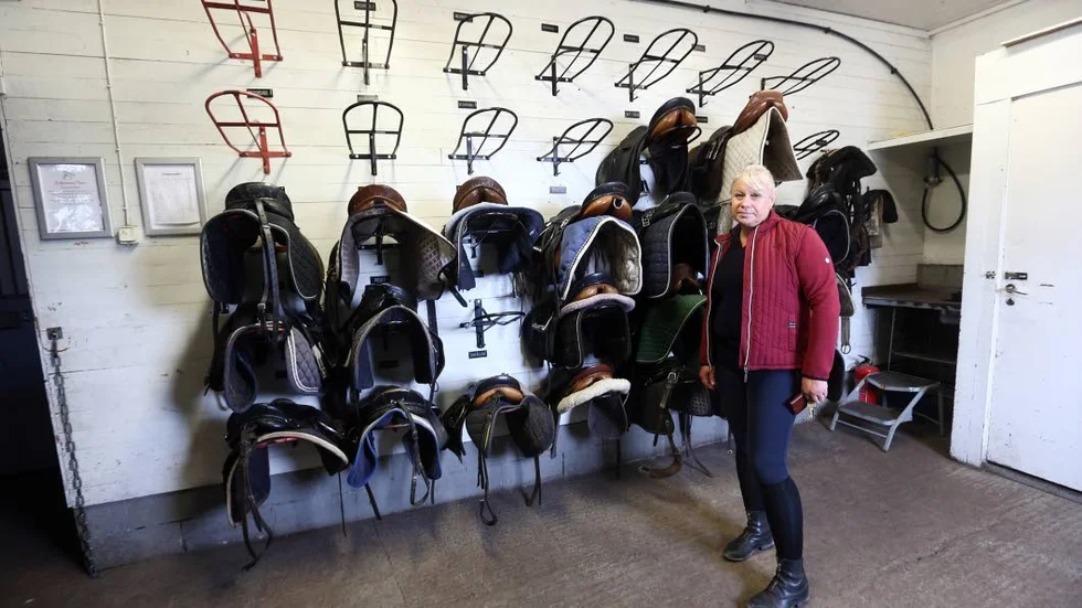 Dressyrsadlar. Övre raderna gapar tomt efter tjuvarnas framfart. Nedre består av reservsadlar som delvis är inlånade, berättar Anita Jonsson.