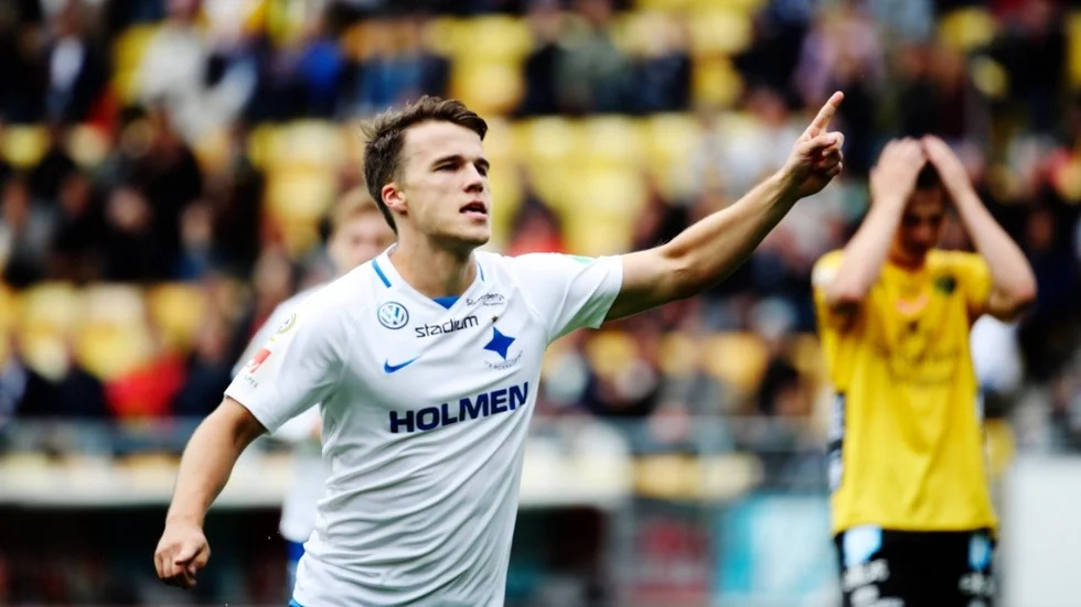 BORÅS 20180819 
Norrköpings Simon Skrabb jublar efter sitt 0-1 mål under söndagens allsvenska fotbollsmatch mellan IF Elfsborg och IFK Norrköping FK på Borås Arena. 
Foto: Adam Ihse / TT / kod 9200