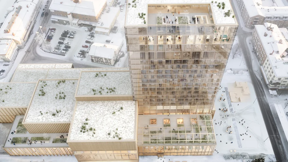 Här syns den blivande skybaren längst upp på hotellets tak, och även den uteplats som finns på Kulturhusets tak. Foto: White.