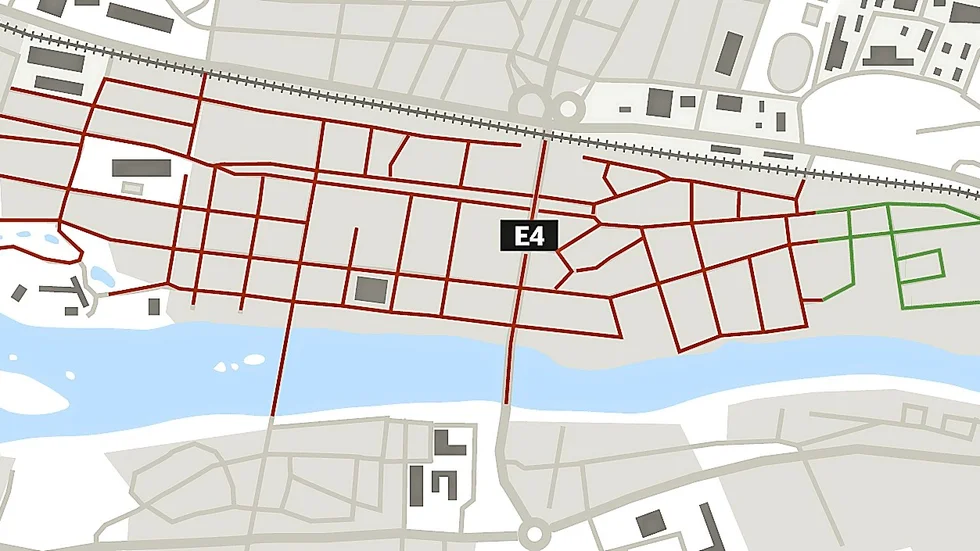 På denna karta syns nuläget när det gäller generellt p-förbud i Skellefteå. Det gröna området är en utvidgning som gjordes nu i vintras. Parkering får dock ske om det finns särskild skyltning. Foto: Annika Eriksson.