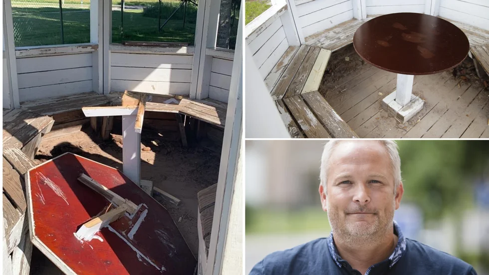 Tobias Lundqvist är fastighetschef hos KFAB, som sköter om det lilla lusthuset vid Mysaks förskola. Till vänster syns lusthuset efter skadegörelsen, som på måndagsmorgonen var åtgärdad. 