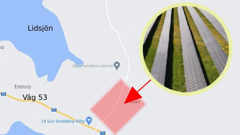 Solcellsparken ska ligga på åkermark norr om väg 53 nära Lidsjön. Enligt planerna ska den bli 50 hektar stor. I jämförelse kan nämnas att den anläggning som nyligen invigdes i Stigtomta är 20 hektar (kartan visar ungefär var parken kan placeras).