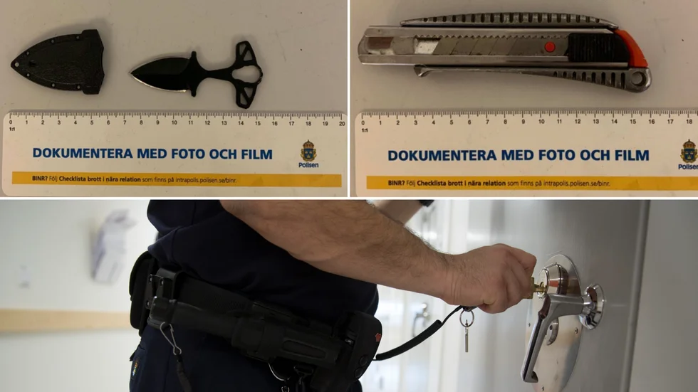 40-åringen fick i polisarresten i Skellefteå berätta om det grova brottet mot knivlagen, däribland innehav av ett gatustridsvapen (bilden uppe till vänster).