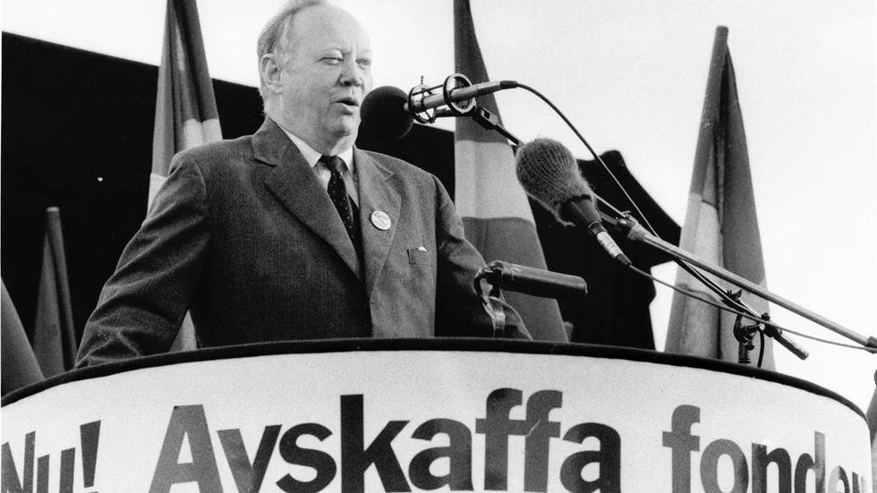 Företagsledaren Hans Werthén talar vid en domonstration mot löntagarfonder i augusti 1985 i Jönköping.