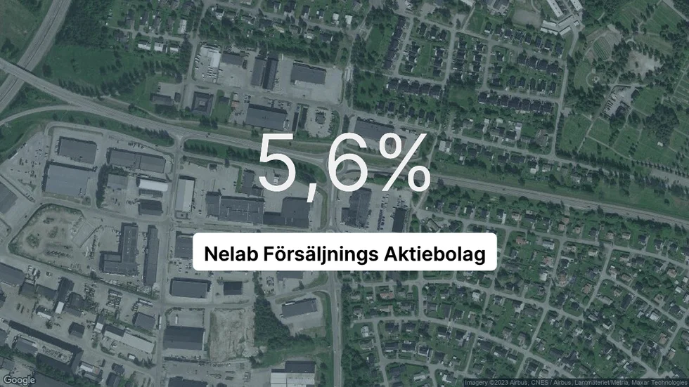 Illustrationen visar rörelsemarginalen för Nelab Försäljnings för det senaste året. Bakgrunden är en satellitbild över företagets adress.