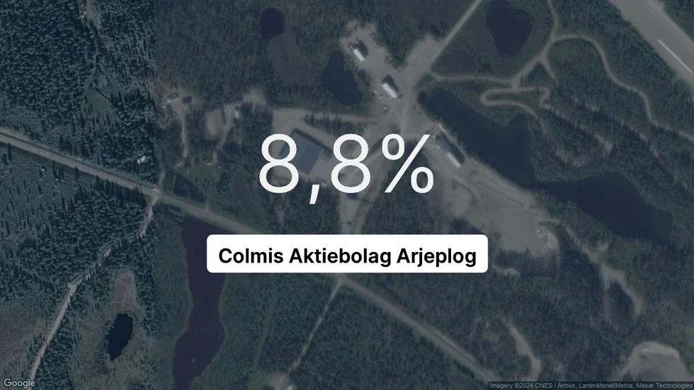 Illustrationen visar rörelsemarginalen för Colmis Aktiebolag Arjeplog för det senaste året. Bakgrunden är en satellitbild över företagets adress.