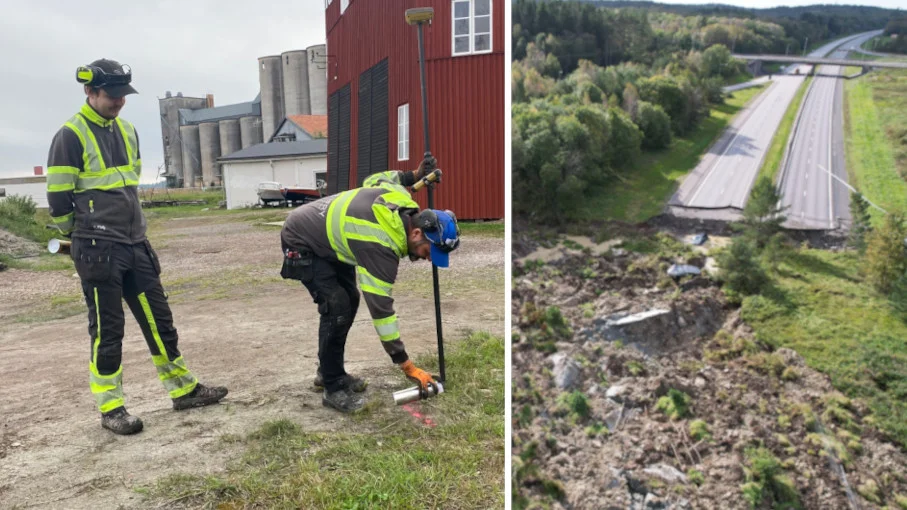 I förra veckan var fältteknikerna Stefan Löfgren och Hugo Vornanen på plats i Gamleby för att ta prover på leran och gyttjan i marken. Bilden till höger visar det nyligen inträffade skredet på E6 utanför Stenungsund.