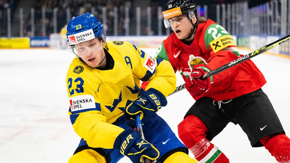Zeteny Hadobas spelade VM för Ungern i våras och här ses han i en duell med svenske NHL-stjärnan Lucas Raymond.