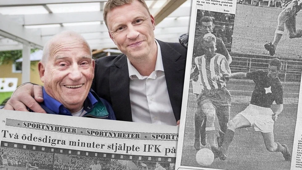 Fotbollsprofilen Georg Olsson var även en duktig golfare och gjorde entré som 81-åring i IFK-golfen. På bilden syns han med en annan IFK:are, hjälten från VM 1994, Kennet Andersson. Urklippet: Georg längst till höger i bild.