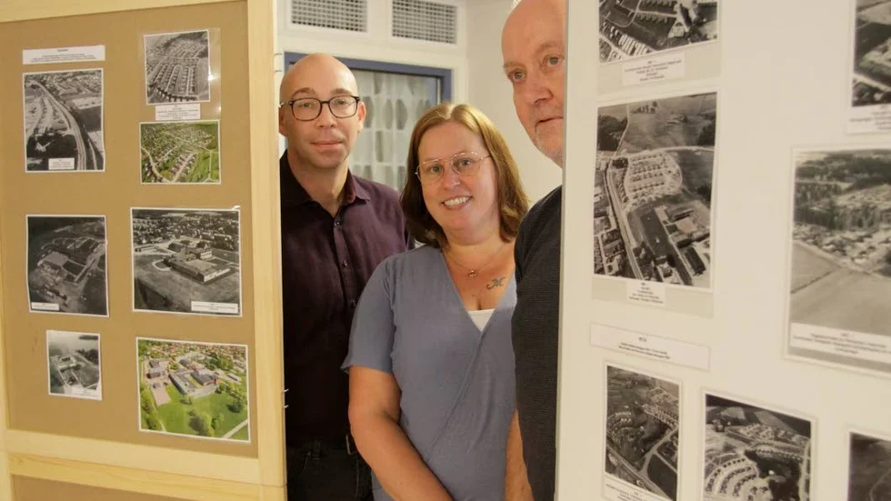 Trion Tommy Petersson, Malin Nilsson och Thorleif Johansson har ställt samman en utställning med gamla och nya flygbilder över Mantorp.
