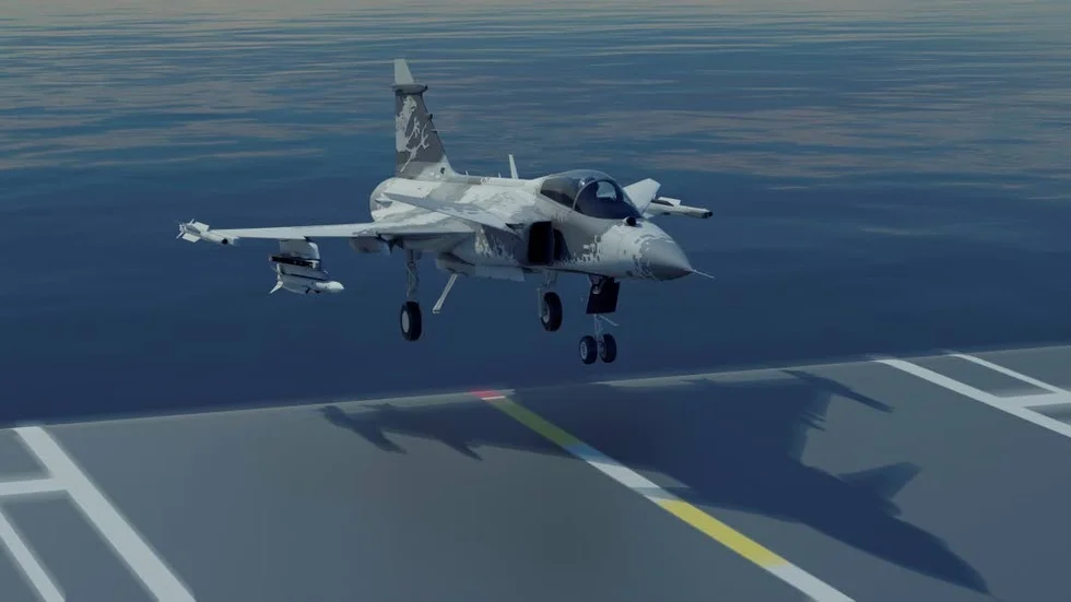 En datoranimerad bild av hur ett Sea Gripen landar på ett hangarfartyg.