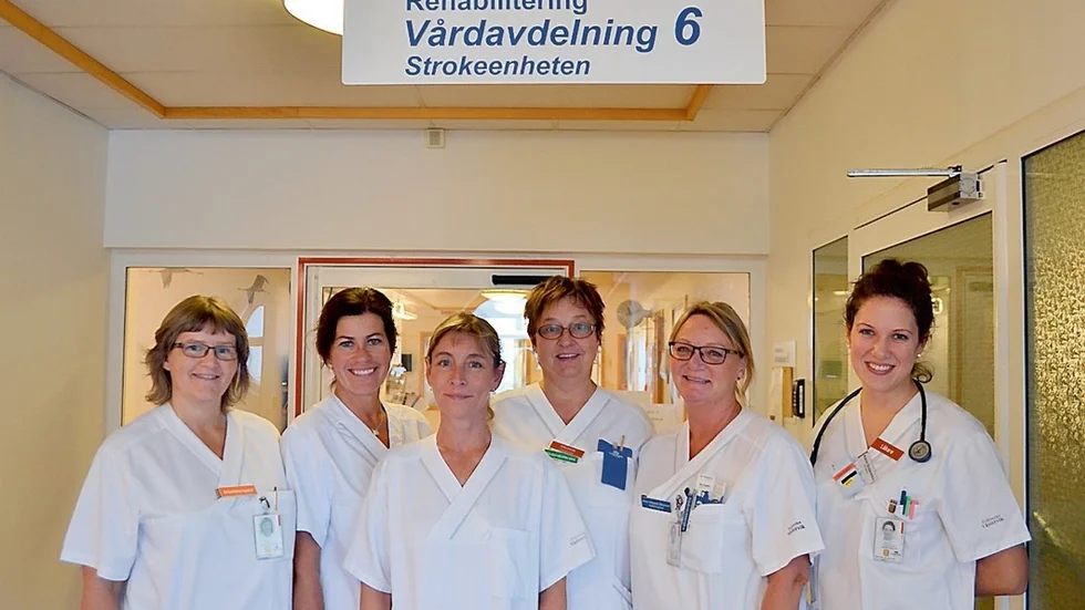 En del av personalen som arbetar på Västerviks sjukhus strokeenhet. Från vänster: Cecilia Hagelin, arbetsterapeut, Eva Askrabic Nilsson, sjuksköterska, Birgitta Jonsson, sjukgymnast, Elisabeth Lindholm, undersköterska, Anna Melsted Ottosson, avdelningschef och Katrin Dudarenco, läkare. Foto: Ellinor Harrysson
