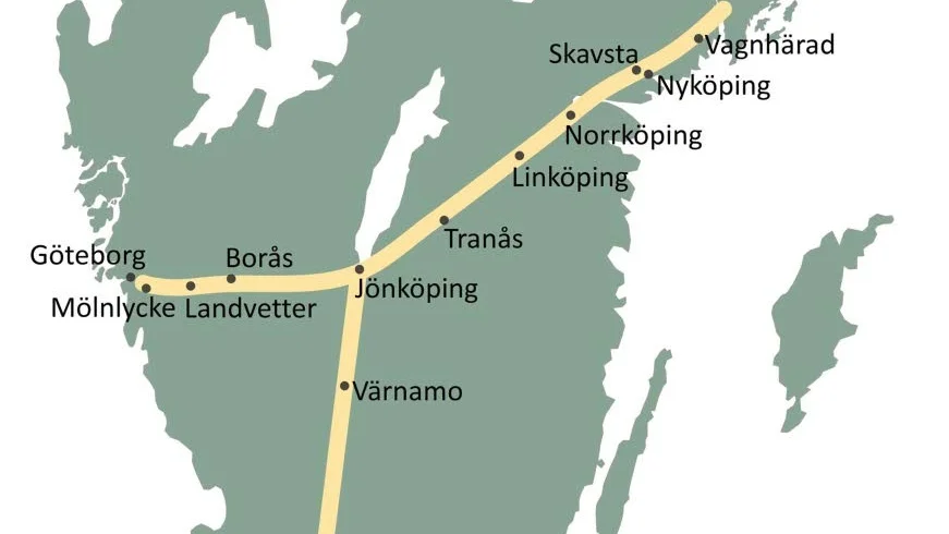 Städerna som får stationer på den nya höghastighetsjärnvägen. Ostlänken är en liten del av detta bygge.