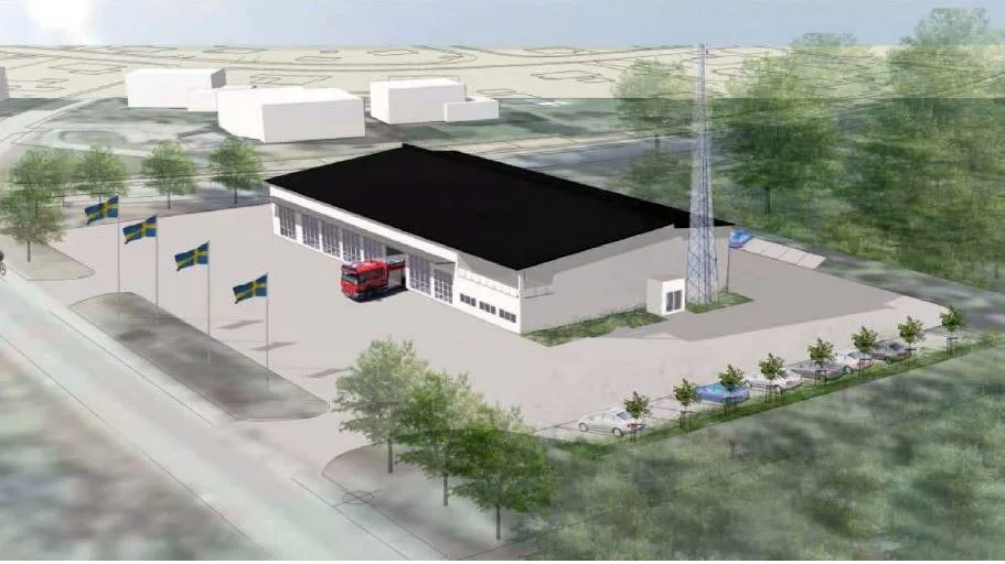 En tidig illustration som visar hur den kommande räddningsstationen i Kisa kan komma att utföras. Sedan denna gjordes har dessutom tagits beslut att en solcellsanläggning ska läggas till upphandlingsunderlaget.