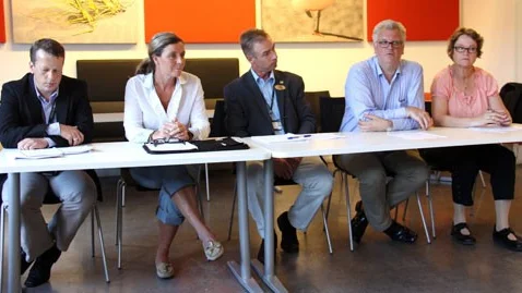 Gänget bakom utbildningssatsningen: Patrik Dahl, Saab, Ann-Charlotte Thorén, Industrikopmetens, Ola Nilsson, rektor Berzeliusskolan, Paul Lindvall (M) och Carina Boberg (FP).