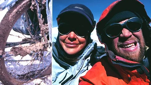Nadine Saulnier och Janne Coras. Stundtals var det lera överallt, det försvårade förstås framkomligheten. Paret fick gå 80 procent av den 105 mil långa sträckan.