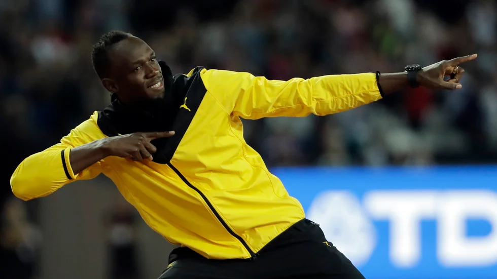 Usain Bolt med sin berömda segergest. Arkivbild.
