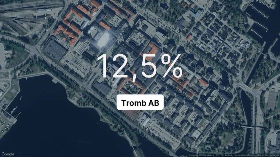 Illustrationen visar rörelsemarginalen för Tromb för det senaste året. Bakgrunden är en satellitbild över företagets adress.