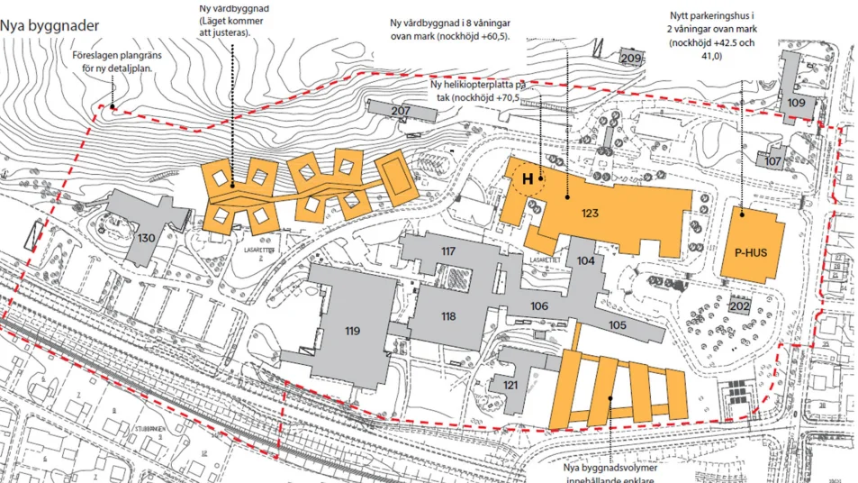 Framtida förändringar i sjukhusområdet, eventuella nya byggnader markerade i gult.