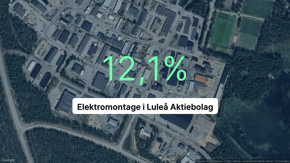 Illustrationen visar rörelsemarginalen för Elektromontage i Luleå för det senaste året. Bakgrunden är en satellitbild över företagets adress.