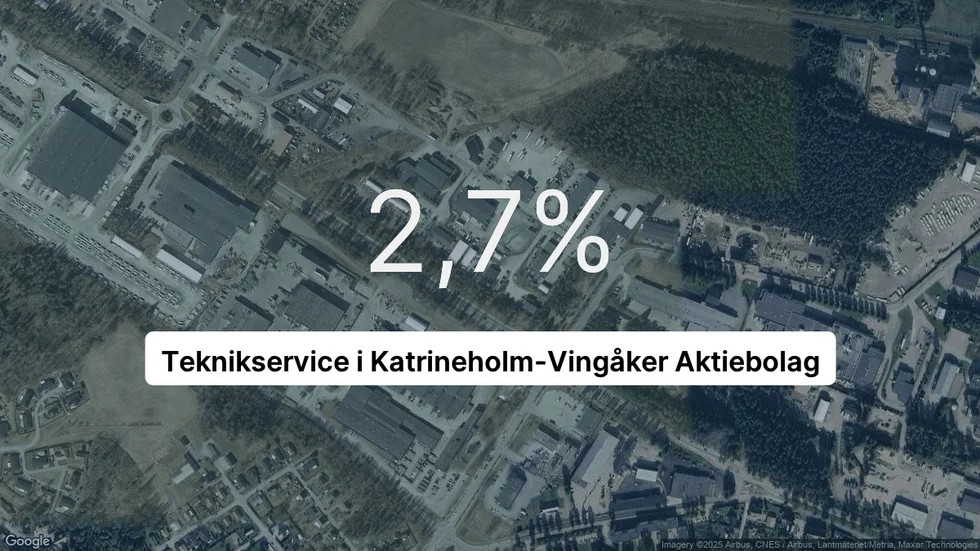 Illustrationen visar rörelsemarginalen för Teknikservice i Katrineholm-Vingåker för det senaste året. Bakgrunden är en satellitbild över företagets adress.