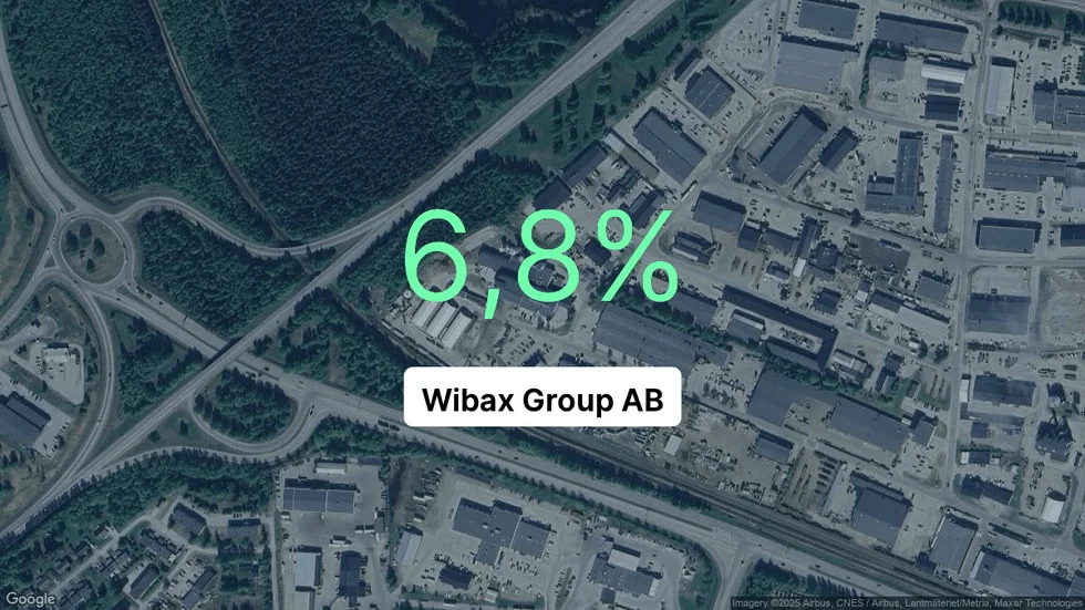 Illustrationen visar rörelsemarginalen för Wibax Group för det senaste året. Bakgrunden är en satellitbild över företagets adress.