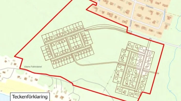 Här syns hur två separata områden ska byggas, med natur mellan. Till vänster radhus/parhus och tillhöger friliggande villor. 