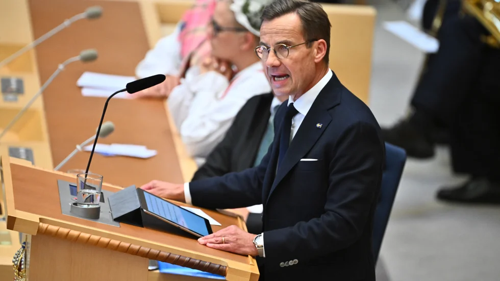 Statsminister Ulf Kristersson (M) håller sin regeringsförklaring vid riksmötets öppnande i riksdagens kammare.