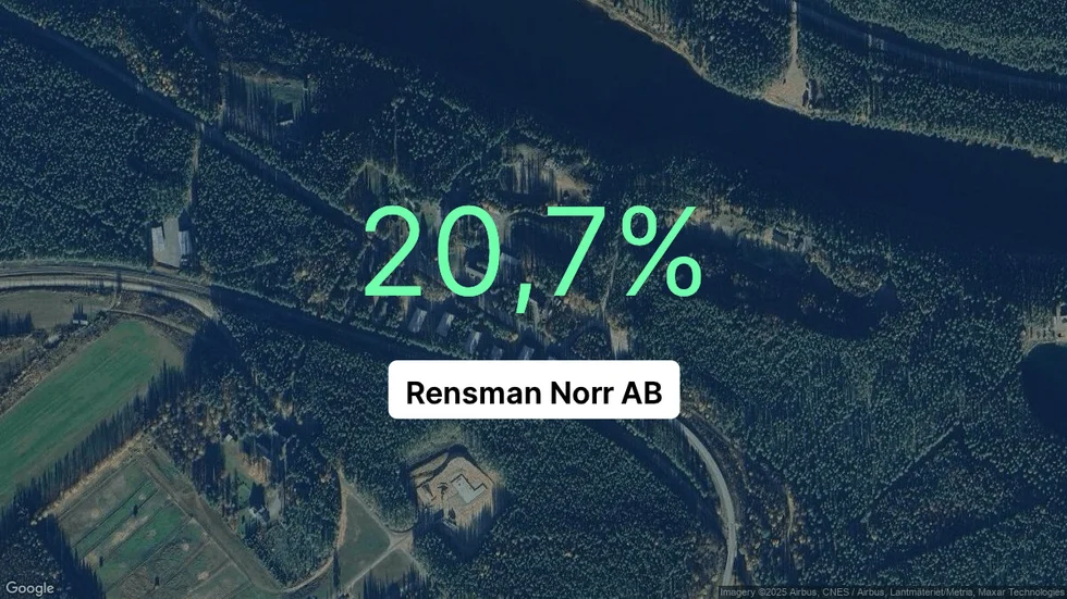 Illustrationen visar rörelsemarginalen för Rensman Norr för det senaste året. Bakgrunden är en satellitbild över företagets adress.