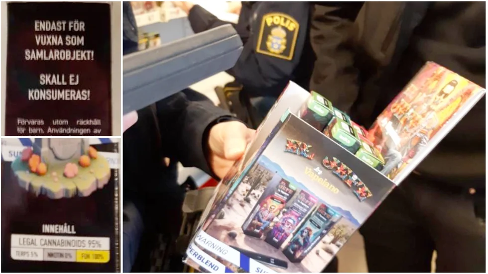 Till vänster syns bilder från förpackningarna. Det står att produkterna enbart är samlarobjekt som inte ska användas, samt att de till 95 procent består av legal cannabis. Till höger en bild från tillsynsbesöket. 