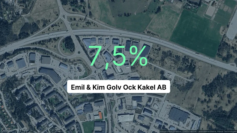 Illustrationen visar rörelsemarginalen för Emil & Kim Golv Ock Kakel för det senaste året. Bakgrunden är en satellitbild över företagets adress.