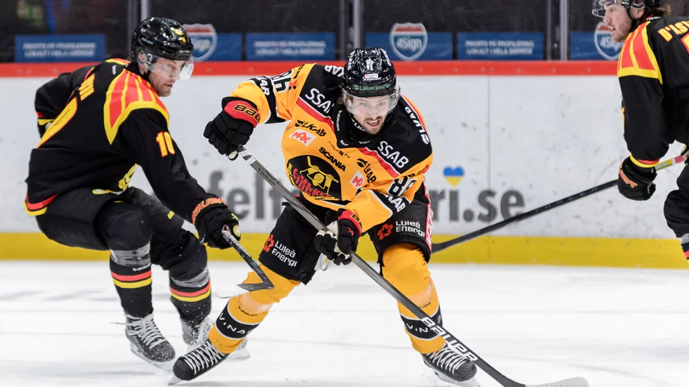 241116 Brynäs Johan Larsson och Luleås Mathias Bromé under ishockeymatchen i SHL mellan Brynäs och Luleå den 16 november 2024 i Gävle. 
Foto: Jens Carlsson / BILDBYRÅN / COP 344 / JC0046