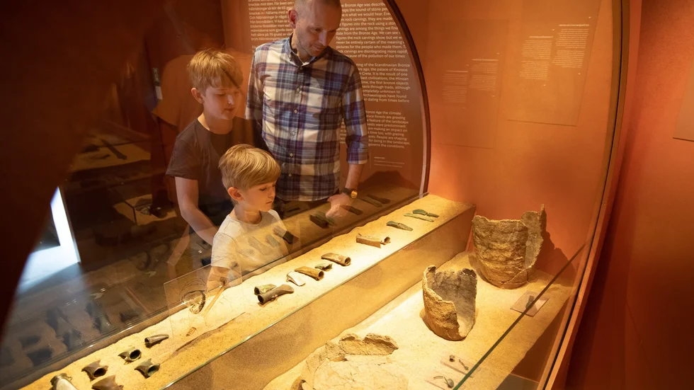 Fasta utställningar på Östergötlands museum är konstutställningen Verkligheter, Österlandets skatter med föremål från Egypten, Kina, Japan och det forna Persien, lekutställningen Viljans värld samt den kulturhistoriska Vägen hit som skildrar 11 000 år i Östergötland (bilden ovan).