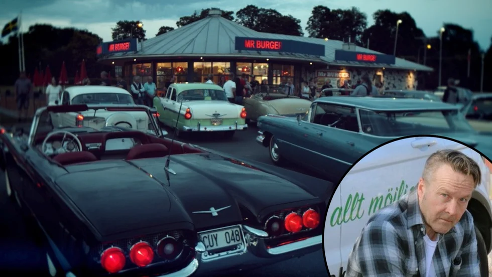 Filmscen uppställd vid Mr Burger i Vimmerby. "Det är alltid lika kul att få med en film på SVT", säger Matz Eklund.