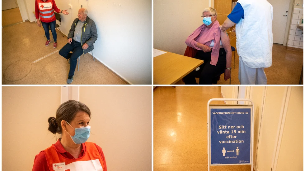 Malin Creutz från Röda Korset ser till att Christer Hellqvist väntar 15 minuter innan han lämnar Vaccinationscentralen. Sjuksköterskan Margareta Ljungdahl Berglund har lämnat pensionärslivet för att under några månader ge vaccin mot covid-19.