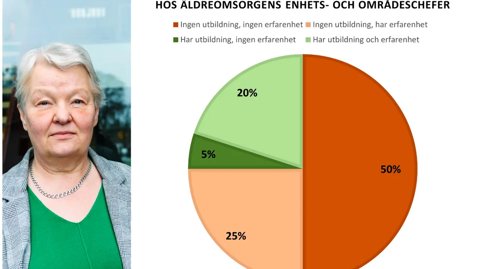 Sammanställning över vårdutbildning och erfarenhet av äldreomsorgsarbete hos äldreomsorgens enhets- och områdeschefer. 75% saknar vårdutbildning. Hälften har varken vårdutbildning eller erfarenhet av att arbete inom äldreomsorgen. De flesta har en socialpedagogisk högskoleexamen.